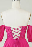 Fuchsia Corset A-Line Chiffong Kort Homecoming Klänning med spets
