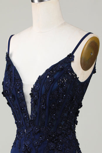 Glittrande Marinblå Korsett Bodycon Kort Hemkomstklänning med Spets