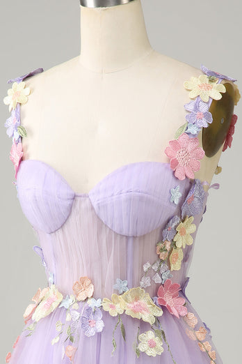 Lila Spaghettiband Tyll Homecoming klänning med 3D-blommor