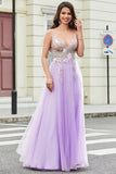 Underbar A Line Spaghetti Straps Lila Lång Balklänning med Applikationer