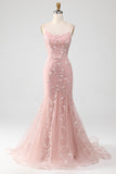 Mermiad Blush Spaghetti Straps Balklänning med applikationer