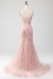 Mermiad Blush Spaghetti Straps Balklänning med applikationer