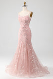 Mermiad Blush Spaghetti Straps Balklänning med applikationer