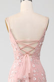 Mermiad Blush Spaghetti Straps Balklänning med applikationer