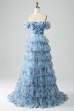 Off the Shoulder Blommig Tryckt Tiered Prom Klänning med Plisserad