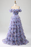 Off the Shoulder Blommig Tryckt Tiered Prom Klänning med Plisserad