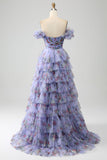 Off the Shoulder Blommig Tryckt Tiered Prom Klänning med Plisserad