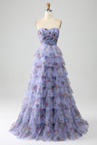 Off the Shoulder Blommig Tryckt Tiered Prom Klänning med Plisserad