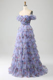 Off the Shoulder Blommig Tryckt Tiered Prom Klänning med Plisserad