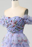 Off the Shoulder Blommig Tryckt Tiered Prom Klänning med Plisserad