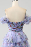 Off the Shoulder Blommig Tryckt Tiered Prom Klänning med Plisserad