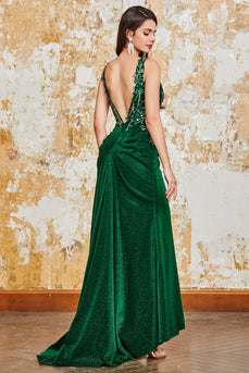 Glittrande mörkgrön sjöjungfru balklänning med slits