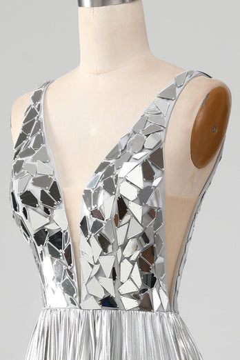 Glittrande A-linjeformad V-ringad Silver Balklänning med Slits