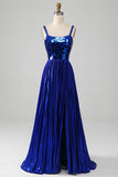 Glittrande Snörning Tillbaka Royal Blue Balklänning med slits