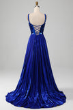 Glittrande Snörning Tillbaka Royal Blue Balklänning med slits