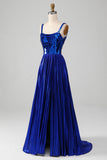Glittrande Snörning Tillbaka Royal Blue Balklänning med slits