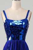 Glittrande Snörning Tillbaka Royal Blue Balklänning med slits