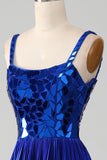 Glittrande Snörning Tillbaka Royal Blue Balklänning med slits