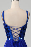 Glittrande Snörning Tillbaka Royal Blue Balklänning med slits