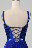 Glittrande Snörning Tillbaka Royal Blue Balklänning med slits