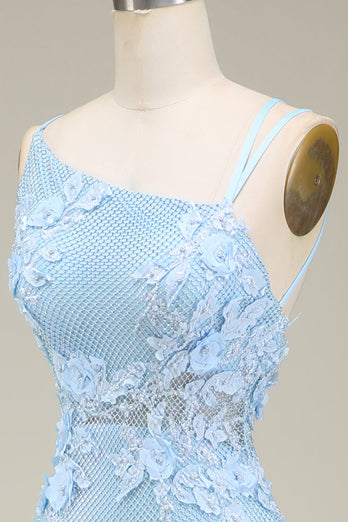 Snygg sjöjungfru ljusblå lång balklänning med applikationer