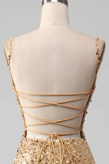 Gyllene sjöjungfru spaghetti remmar paljetterad balklänning med slits
