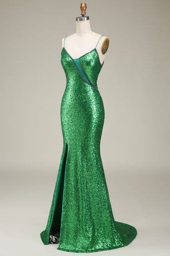 Glittrande sjöjungfru spaghettiband Gröna paljetter Lång balklänning med delad front