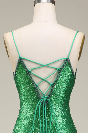 Glittrande sjöjungfru spaghettiband Gröna paljetter Lång balklänning med delad front