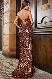 Saparkly Mermaid Spaghetti Straps Golden Paljetter Lång Balklänning med Split Front