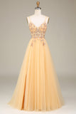 Charmig A Line Spaghetti Straps Golden Long Prom Klänning med Beading