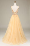 Charmig A Line Spaghetti Straps Golden Long Prom Klänning med Beading