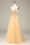 Charmig A Line Spaghetti Straps Golden Long Prom Klänning med Beading