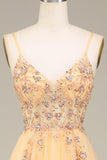 Charmig A Line Spaghetti Straps Golden Long Prom Klänning med Beading