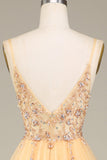 Charmig A Line Spaghetti Straps Golden Long Prom Klänning med Beading