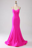 Fuchsia Mermaid Halter Neck Backless Lång Balklänning