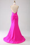 Fuchsia Mermaid Halter Neck Backless Lång Balklänning