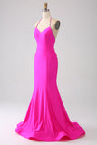 Fuchsia Mermaid Halter Neck Backless Lång Balklänning