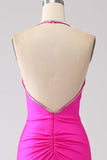 Fuchsia Mermaid Halter Neck Backless Lång Balklänning