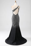 Glittrande Svart Mermaid One Shoulder Korsett Balklänning