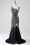 Glittrande Svart Mermaid One Shoulder Korsett Balklänning