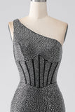 Glittrande Svart Mermaid One Shoulder Korsett Balklänning