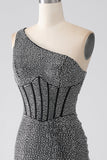 Glittrande Svart Mermaid One Shoulder Korsett Balklänning