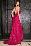 Hot Pink Mermaid Halter Paljett Balklänning Med Slits