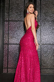 Hot Pink Mermaid Halter Paljett Balklänning Med Slits