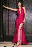 Hot Pink Mermaid Halter Paljett Balklänning Med Slits