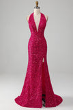 Fuchsia Mermaid Halter Paljett Balklänning Med Slits