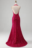 Fuchsia Mermaid Halter Paljett Balklänning Med Slits