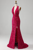 Fuchsia Mermaid Halter Paljett Balklänning Med Slits