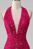 Fuchsia Mermaid Halter Paljett Balklänning Med Slits