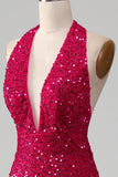 Fuchsia Mermaid Halter Paljett Balklänning Med Slits
